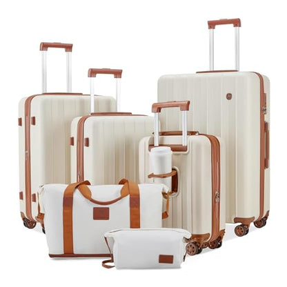 Joyway suitcase carry-on luggage set of 4, hard shell suitcases with drink holder, 4 wheels TSA lock The suitcase, Beige Brown