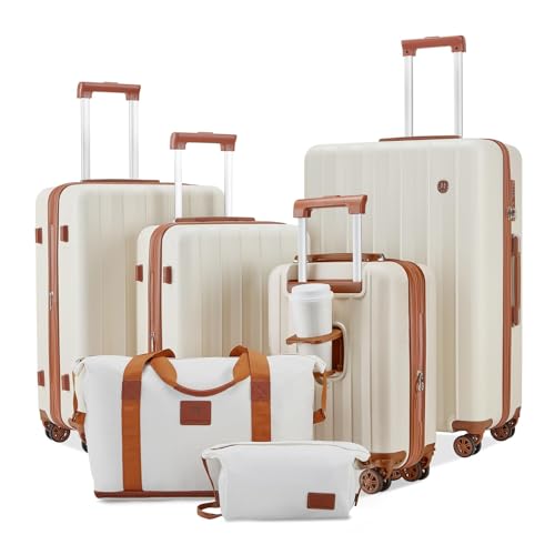 Joyway suitcase carry-on luggage set of 4, hard shell suitcases with drink holder, 4 wheels TSA lock The suitcase, Beige Brown