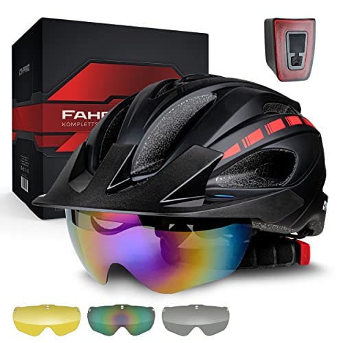 CYPAQ Bike Helmet with Visor - Men's & Women's L - 3 Magnetic Visor Lenses - Urban, Trekking & Racing Helmet with Integrated Light, Washable Padding & Bag
