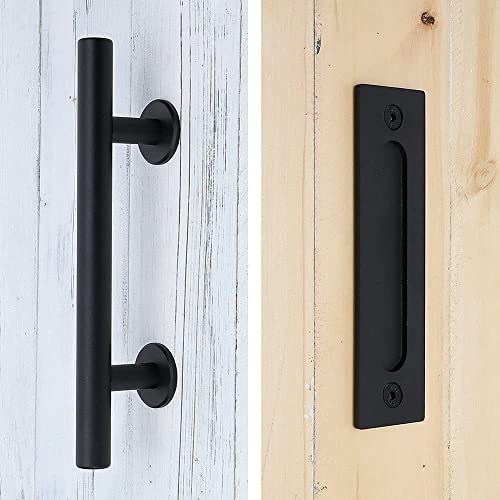 Sliding Door Handle, 2 Pieces Black Carbon Steel Vintage Barn Door Handle Pull and Flush Barn Doors, Hole Centers 170mm Antique Door Handle for Kitchen Bedroom Cabinet (2 Pieces, Black)