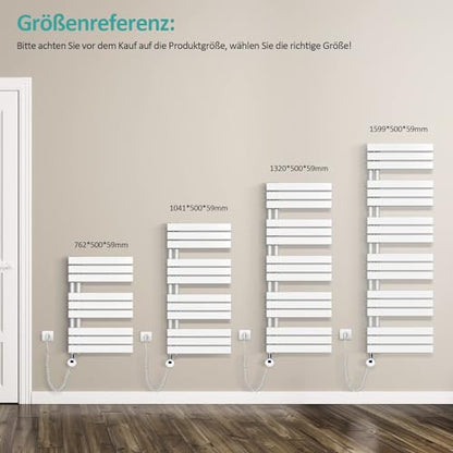 EMKE electric towel radiator with thermostat, white, 1320x500mm. 800W electric towel warmer and dryer.
