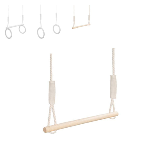 MAMOI® Trapeze swing, wooden gymnastic rings, kids' indoor and outdoor exercise equipment, ring swing, wooden swing set, gymnastic rings, and trapeze bar.