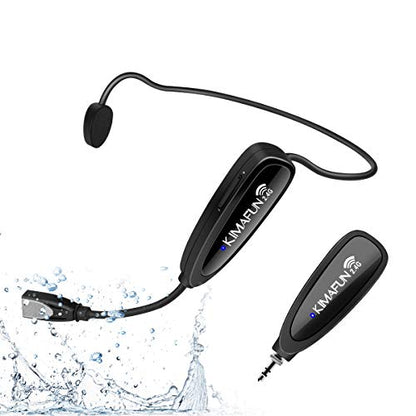 Wireless fitness microphone headset, KIMAFUN sweatproof waterproof headset microphone with rechargeable transmitter and pocket receiver for speakers, PA, smartphone, fitness trainers, yoga