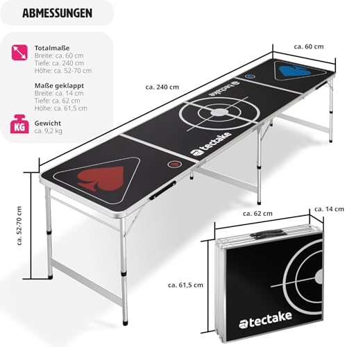 tectake® Beer Pong Table, includes 100 cups (50 red & 50 blue) and 6 balls, adjustable height, foldable table with carry handles, adult party games, drinking game