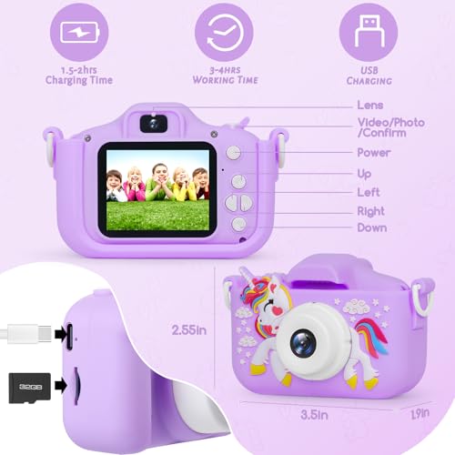 Kids camera with video function, girls' gifts/horse toy camera/1080p HD pixels + 32GB card, gifts for 3 4 5 6 7 8 year old boys and girls, kids for birthday gift Christmas