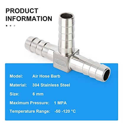 ERGAOBOY 2 pieces 6mm stainless steel hose barb T-piece 3-way T-shaped SUS 304 hose fitting with 6 clamps