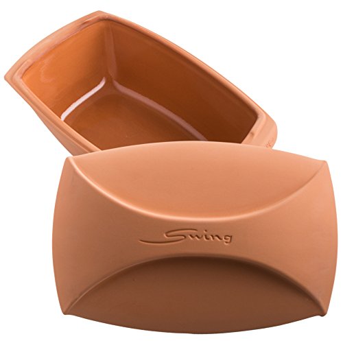 Roman pot roaster Swing made of natural clay, steamer for up to 5 kg/6 persons, 38.5 x 24.5 x 18 cm, glazed bottom, low-fat cooking, microwave & oven safe, dishwasher safe.