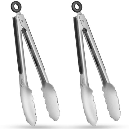 HOTEC Stainless Steel Kitchen Tongs, 2-9 inches, Metal Locking for Food, Cooking Tongs, Non-Slip Grip (Black)