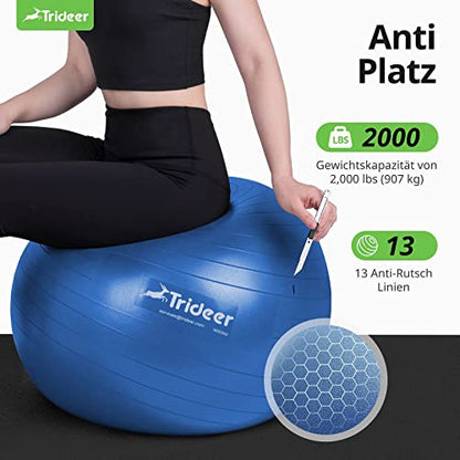 Trideer Thick Exercise Ball, Anti-Burst Pilates Ball, 45-85 cm yoga ball for balance, yoga as fitness equipment and balance chair in gym-home-office (L (58-65cm), ocean blue)