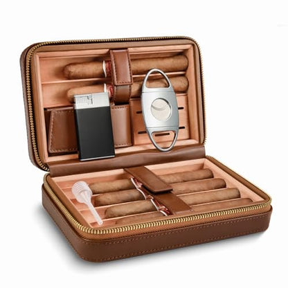 LEACHOI Leather Cigar Travel Humidor, Cigar Case with Lighter and Cigar Cutter, Cigar Accessories Set, Cigar Gift Set - Holds up to 6 Cigars - Brown