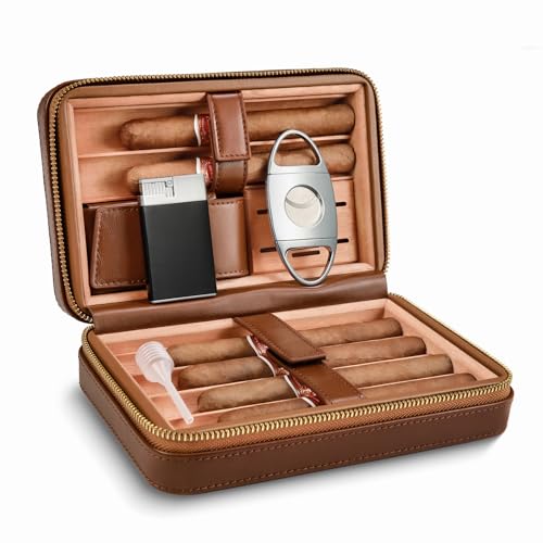LEACHOI Leather Cigar Travel Humidor, Cigar Case with Lighter and Cigar Cutter, Cigar Accessories Set, Cigar Gift Set - Holds up to 6 Cigars - Brown