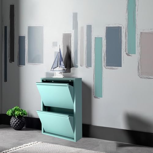 Alveon Narrow Shoe Cabinet Metal Shoe Rack with Magnetic Flaps Shoe Shelf Assembled and Wall-Mounted (Turquoise, 2 Flaps)