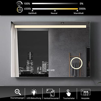 LISA bathroom mirror 120 x 80 cm with LED lighting rectangular wall mirror anti-fog light mirror with touch switch IP44 cold white with clock