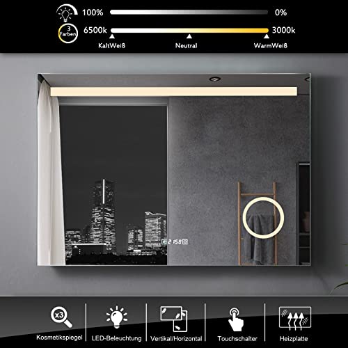 LISA bathroom mirror 120 x 80 cm with LED lighting rectangular wall mirror anti-fog light mirror with touch switch IP44 cold white with clock