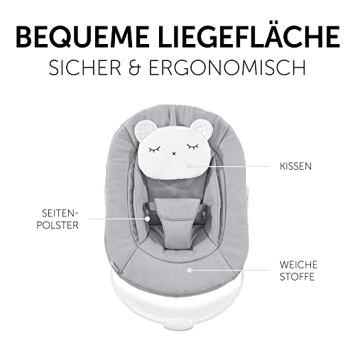 Hauck 2in1 Baby Bouncer & Newborn Set for Alpha+ & Beta+ Wood Highchairs. Alpha Bouncer 2in1, for babies from birth up to 9 kg, with 3-point hip belt, head pillow, and rocking frame (Pastel Bear Light Grey).