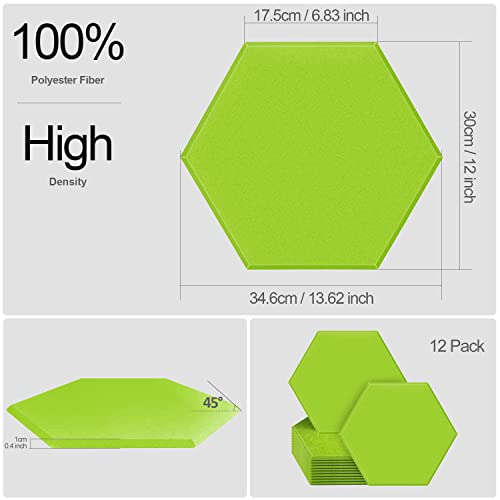 JBER Hexagon Acoustic Panels, Soundproof Interior, Sound Absorbing Panels, 35.6 x 30 x 1cm Beveled Edge High Density Wall Tiles, for Acoustic Treatment, (12 Pieces Green)
