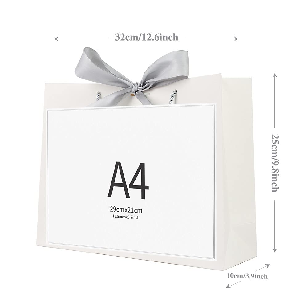 Gift bags with silver ribbon, luxurious gift bags for birthday, wedding, party, bridesmaid, bridal party, 32 x 24.9 x 9.9 cm, white, 8 pieces.