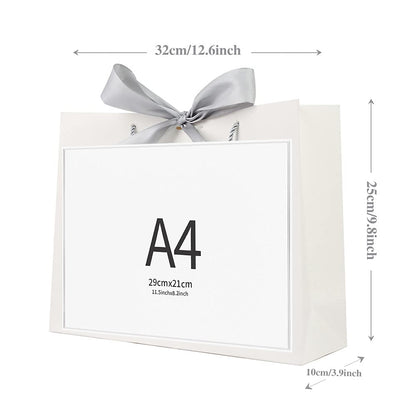 Gift bags with silver ribbon, luxurious gift bags for birthday, wedding, party, bridesmaid, bridal party, 32 x 24.9 x 9.9 cm, white, 8 pieces.