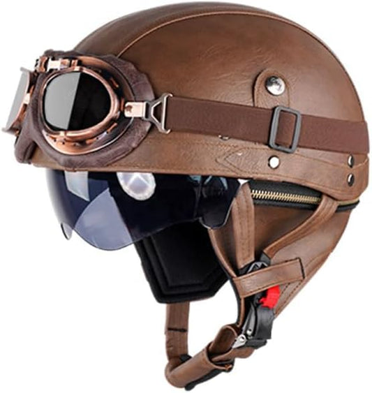 Retro helmet motorcycle leather helmet jet helmets vintage moped helmet with goggles ECE certified motorcycle cruiser scooter helmet in German style (Brown (color), L/59-60cm)