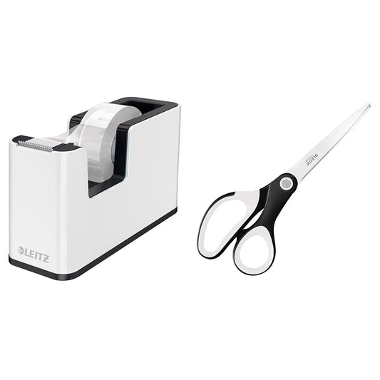 Leitz tape dispenser with tape and titanium quality scissors set, for right or left-handed use, in white/black color. WOW product, includes solid stand.