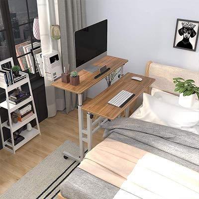 Sogesfurniture adjustable height computer desk laptop table with wheels, mobile desk PC table notebook table laptop stand for home and office, oak
