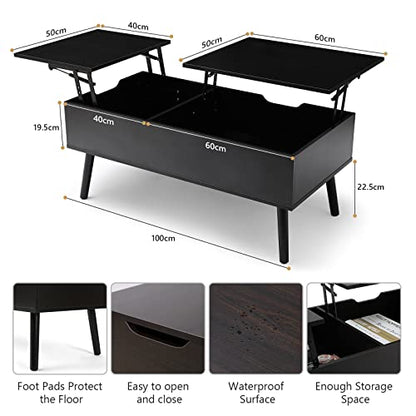 VOWNER coffee table, adjustable height, extendable, retractable, separate hidden storage compartment, double lift top, living room table, black walnut color.