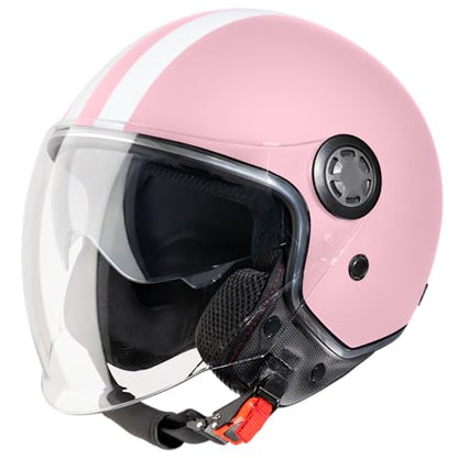 VINZ Parchi Jet helmet with double visor | Roller helmet fashion helmet with stripes | In sizes XS-XXL | Jet helmet with sun visor | ECE 22.06 certified | Motorcycle helmet with visor - Pink
