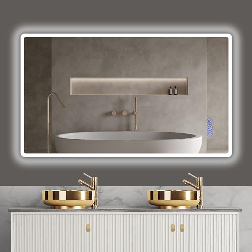 Baklon bathroom mirror with lighting 120x70cm, wall-mounted mirror with touch switch, IP65 LED mirror with memory function, 3 color temperatures, can be mounted horizontally or vertically, made of HD toughened glass.