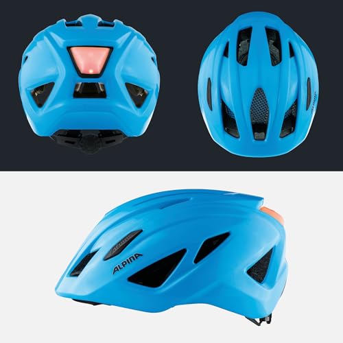 ALPINA PICO Flash - Illuminated, Lightweight & Impact-Resistant Bike Helmet with Insect Net for Kids, neon Blue Gloss, 50-55 cm