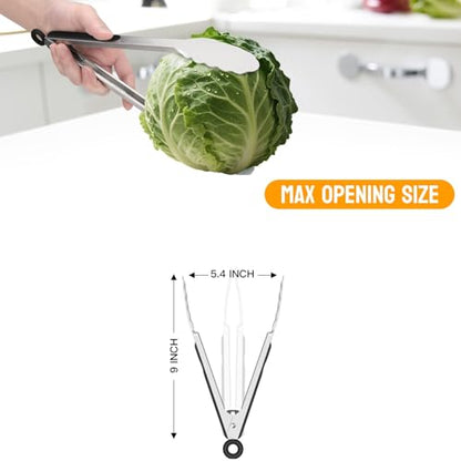 HOTEC Stainless Steel Kitchen Tongs, 2-9 inches, Metal Locking for Food, Cooking Tongs, Non-Slip Grip (Black)