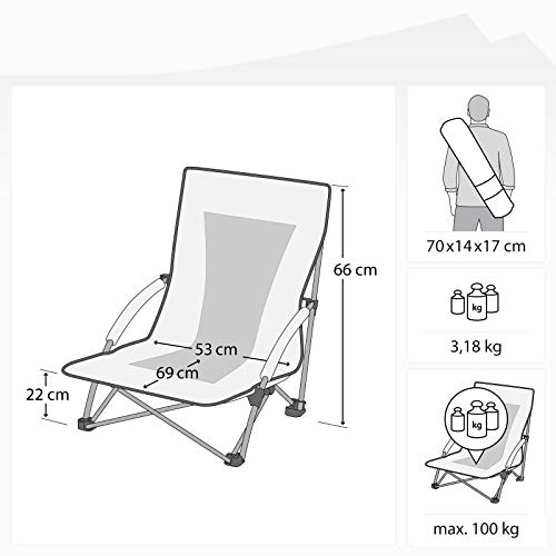 Qeedo Johnny Beach chair (foldable) incl. mesh ventilation (Weight: 3.180 g/Packed size: 70x14x17 cm), wide feet for sand & low seat height (22 cm)