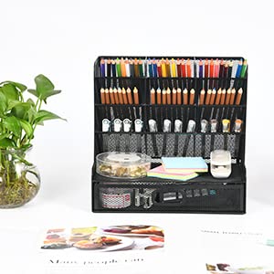 Marbrasse Mesh Desk Organizer, Multifunctional Pen Holder, Desk Organizer, Storage Shelf for School and Home Office Supplies (Black with Drawer)