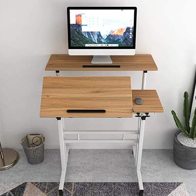 Sogesfurniture adjustable height computer desk laptop table with wheels, mobile desk PC table notebook table laptop stand for home and office, oak