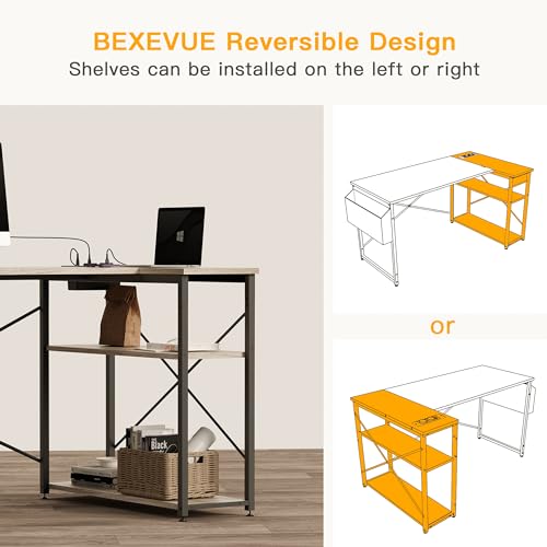 BEXEVUE corner desk with power strip - 120x70 cm. Ergonomic small L-shaped shelves, reversible PC corner desk computer desk, corner gaming table for study work at home bedroom.