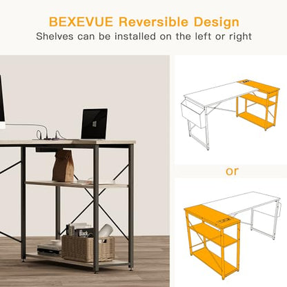 BEXEVUE corner desk with power strip - 120x70 cm. Ergonomic small L-shaped shelves, reversible PC corner desk computer desk, corner gaming table for study work at home bedroom.