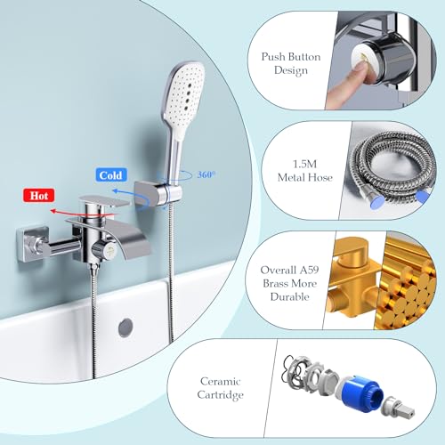 KULACO bathtub faucet waterfall with handheld shower, brass single-handle bathtub mixer tap, bath shower faucet with pressure switch, chrome tub faucet for bathroom.