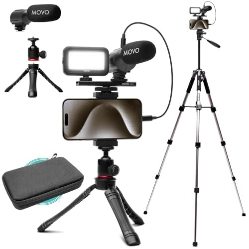 Movo uVlogger Android/USB-C/iPhone 15 compatible Vlogging Kit with full-size tripod - YouTube starter kit for content creators - Accessories: tripods, phone holder, light, shotgun microphone