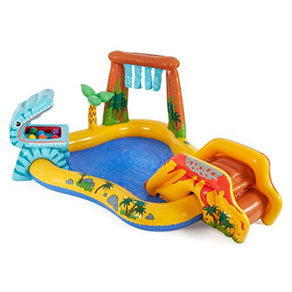 Intex Dinosaur Water Sprayer Play Center measuring 20 x 1.2 m, inflatable kids pool with colorful Fun Ballz, 100 pieces.