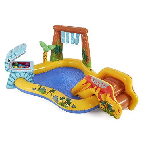 Intex Dinosaur Water Sprayer Play Center measuring 20 x 1.2 m, inflatable kids pool with colorful Fun Ballz, 100 pieces.