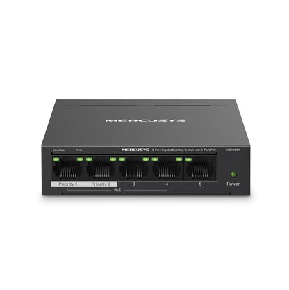 Mercusys MS105GP PoE Switch 5-Port Gigabit LAN Switch with 4 PoE+ Ports (65 Watts, IEEE 802.3af/at PoE, fanless, plug-and-play, sturdy metal housing)