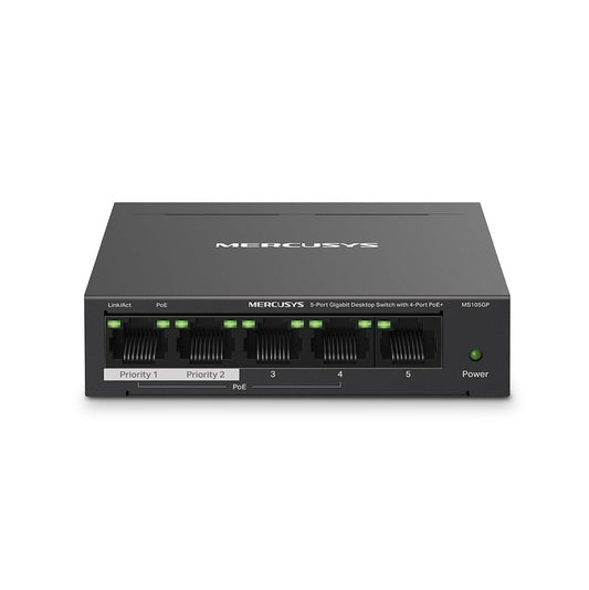 Mercusys MS105GP PoE Switch 5-Port Gigabit LAN Switch with 4 PoE+ Ports (65 Watts, IEEE 802.3af/at PoE, fanless, plug-and-play, sturdy metal housing)