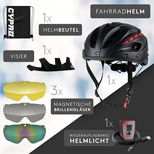 CYPAQ Bike Helmet with Visor - Men's & Women's L - 3 Magnetic Visor Lenses - Urban, Trekking & Racing Helmet with Integrated Light, Washable Padding & Bag