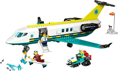 LEGO City Emergency Rescue Plane – set with airplane, snowmobile, and 4 minifigures: paramedic, pilot, doctor, and skier – great gift for kids aged 6 and up – 60465