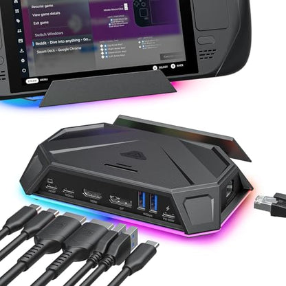 JSAUX RGB Docking Station for Steam Deck (OLED)/ROG Ally/Legion Go, 12-in-1 Steam Deck Dock Compatible with 4K@120Hz HDMI & DisplayPort Gigabit Ethernet USB-C 3.2 USB-A 3.2/2.0, SD/TF Slots-HB1201