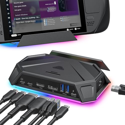 JSAUX RGB Docking Station for Steam Deck (OLED)/ROG Ally/Legion Go, 12-in-1 Steam Deck Dock Compatible with 4K@120Hz HDMI & DisplayPort Gigabit Ethernet USB-C 3.2 USB-A 3.2/2.0, SD/TF Slots-HB1201