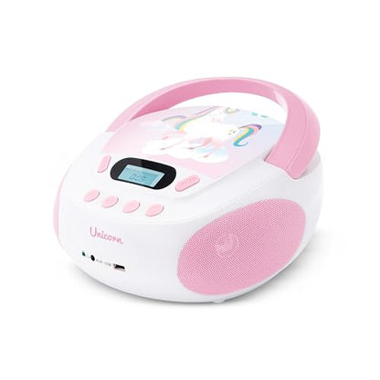 mooov 477407 CD player for kids with speakers, USB, headphone jack, AUX-IN port - Portable boombox CD player - Mains or battery operated - Unicorn design - Pink/white