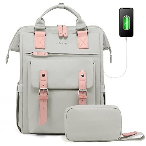 LOVEVOOK Women's Backpack Large, Laptop School Backpack for Girls Teens 17 Inch with Data Cable Bag & USB Charging Port, Waterproof School Bag Backpack for College Office Business Travel Gray