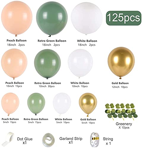 Sage green balloon arch garland kit - 125 piece avocado olive green balloon arch set with white gold latex balloons for birthday, party, baby shower decorations.