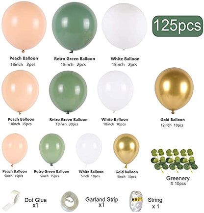Sage green balloon arch garland kit - 125 piece avocado olive green balloon arch set with white gold latex balloons for birthday, party, baby shower decorations.