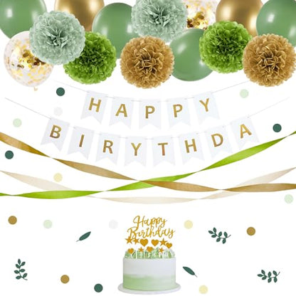 EASY JOY Sage green party decorations, Golden Happy Birthday banner, sage green and gold balloons, tissue paper pompons, olive green confetti dots decor, Neutral birthday party accessories.